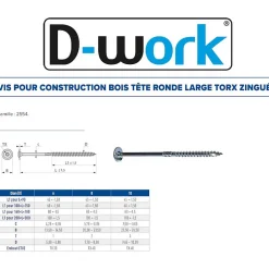 50 Vis Bois Tête Ronde Larges Torx T40 8 x 280 mm - Zingué blanc - D-Work