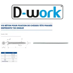 100 Vis Béton d'Ancrage Tête Fraisée Torx T30 7.5 x 152 mm - Zingué blanc - D-Work