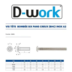 200 Vis Métaux Tête Bombée 6 Pans Creux BHC 6 x 30 mm - 7380-1 - Inox A2 - D-Work