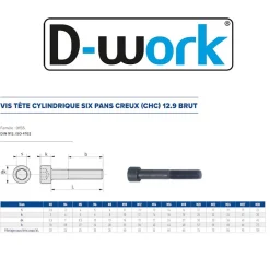 10 Vis Métaux Tête Cylindrique 6 Pans Creux CHC F/Partiel 20 x 220 mm - DIN 912 - 12.9 - Brut - D-Work