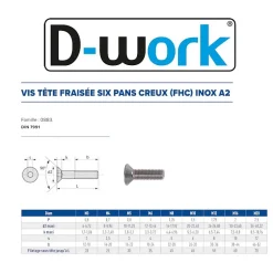 200 Vis Métaux Tête Fraisée 6 Pans Creux FHC 3 x 30 mm - DIN 7991 - Inox A2 - D-Work