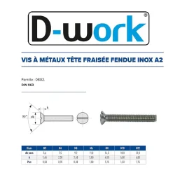 200 Vis Métaux Tête Fraisée Fendue 5 x 70 mm - DIN 963 - Inox A2 - D-Work