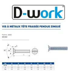 200 Vis Métaux Tête Fraisée Fendue 8 x 16 mm - DIN 963 - Zingué blanc - D-Work