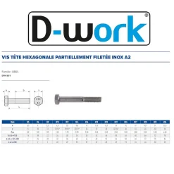 50 Vis Métaux Tête Hexagonale F/Partiel 8 x 140 mm - DIN 931 - Inox A2 - D-Work