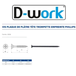 1000 Vis Plaque de Plâtre Trompette Phillips D. 3.5 x 25 mm - Phosphaté noir - D-Work
