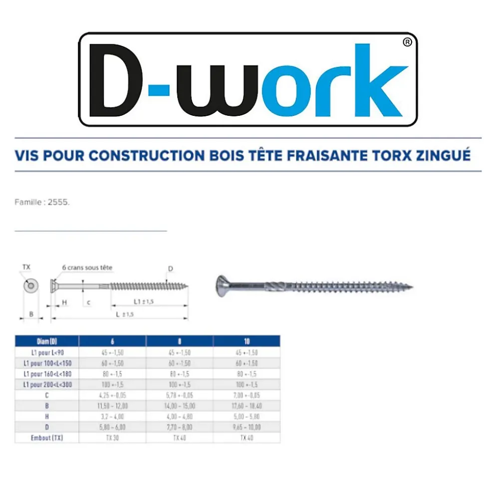 50 Vis pour Construction Bois Tête Fraisante Torx T40 8 x 200 mm - Zingué blanc - D-Work