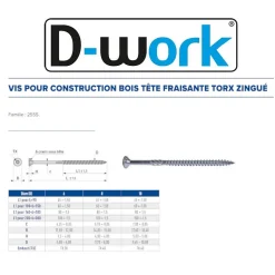 50 Vis pour Construction Bois Tête Fraisante Torx T40 8 x 180 mm - Zingué blanc - D-Work