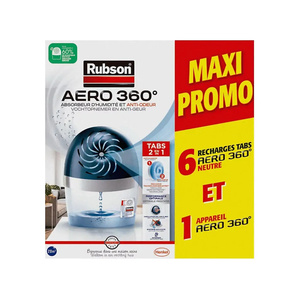 Absorbeur d'humidité aéro 360° 20m²+ 6 recharges Rubson