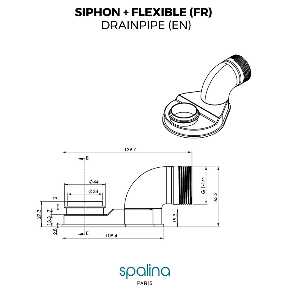 Accessoire Siphon extra plat + flexible 80x8x6cm, by SPALINA
