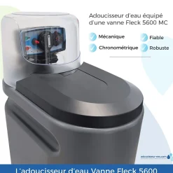 Adoucisseur d'Eau 20L Fleck 5600 MC Mécanique Chronométrique Anti Calcaire Fabriqué En France