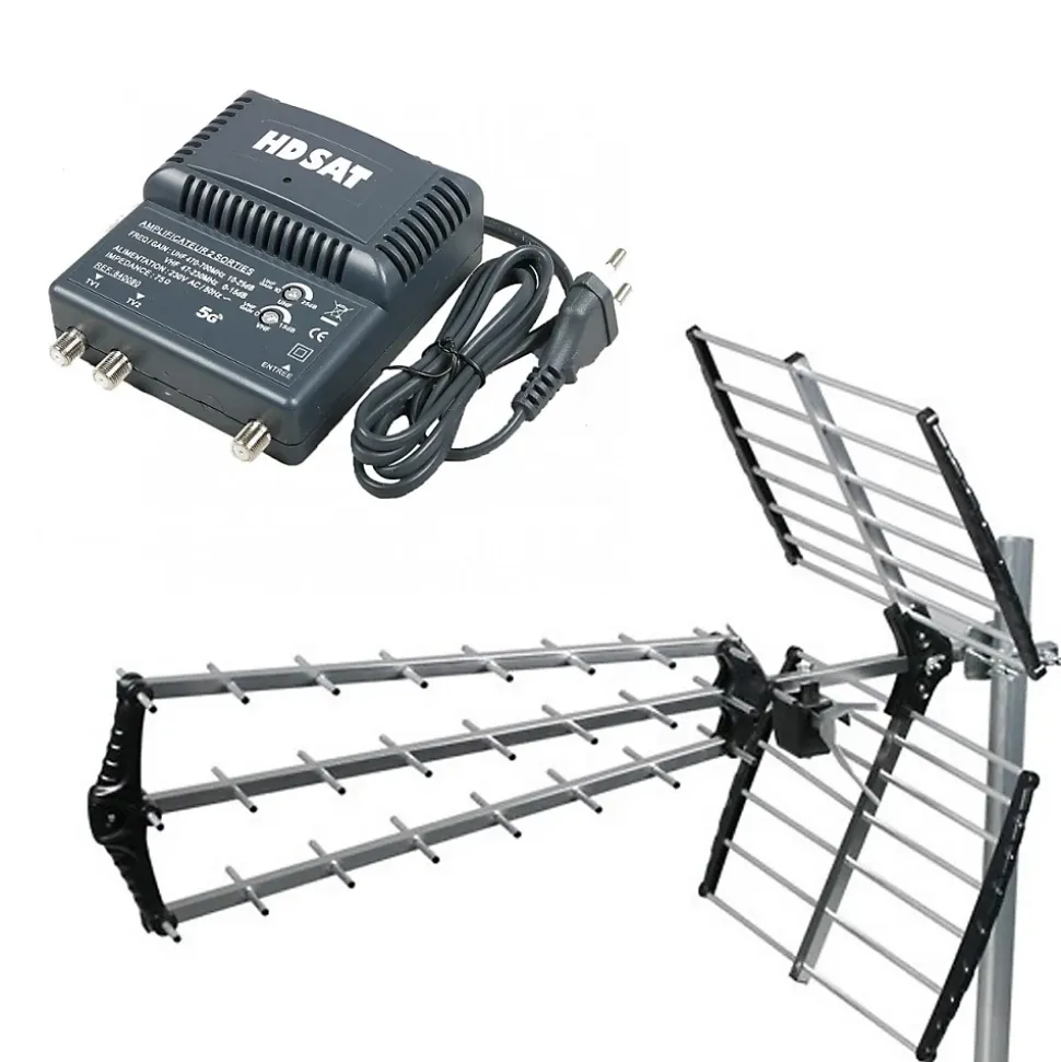 Antenne TNT Trinappe Gain 18dB + Amplificateur tnt 2 Sorties HDSAT