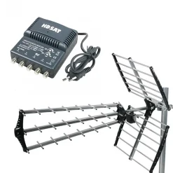 Antenne TNT Trinappe Gain 18dB + Amplificateur tnt 4 Sorties HDSAT
