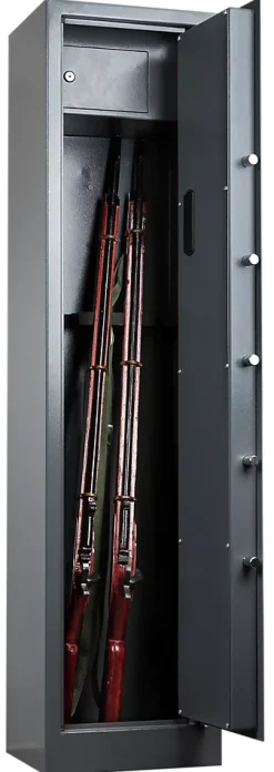 Armoire à fusils serrure électronique Smith & Locke – 5 armes avec coffre intérieur, acier gris – 120 L – l.35 x H.145 x P.30 cm