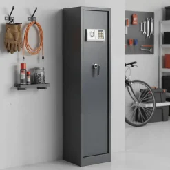 Armoire à fusils serrure électronique Smith & Locke – 5 armes avec coffre intérieur, acier gris – 120 L – l.35 x H.145 x P.30 cm