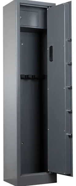 Armoire à fusils serrure électronique Smith & Locke – 5 armes avec coffre intérieur, acier gris – 120 L – l.35 x H.145 x P.30 cm