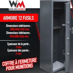 Armoire à fusils 500X340X1450mm avec coffre intérieur - 12 fusils - Workmen Security