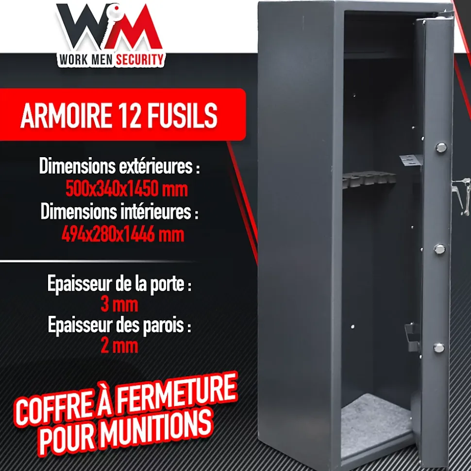 Armoire à fusils 500X340X1450mm avec coffre intérieur - 12 fusils - Workmen Security
