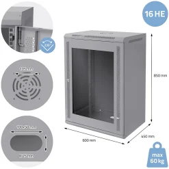 Armoire serveur 19" boîtier réseau murale gris en acier rack 16U 600x450x850 mm