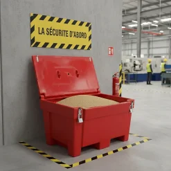 Bac à sable incendie/ à sel de déneigement 200l + grenouillères + cadenas