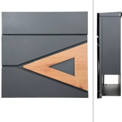 Boite aux lettres anthracite, aspect bois avec rouleau a journaux et pied support