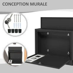 Boite aux lettres murale verrouillable 2 clés matériel de montage inclus dim. 36,5 x 11,5 x 29 cm métal anthracite