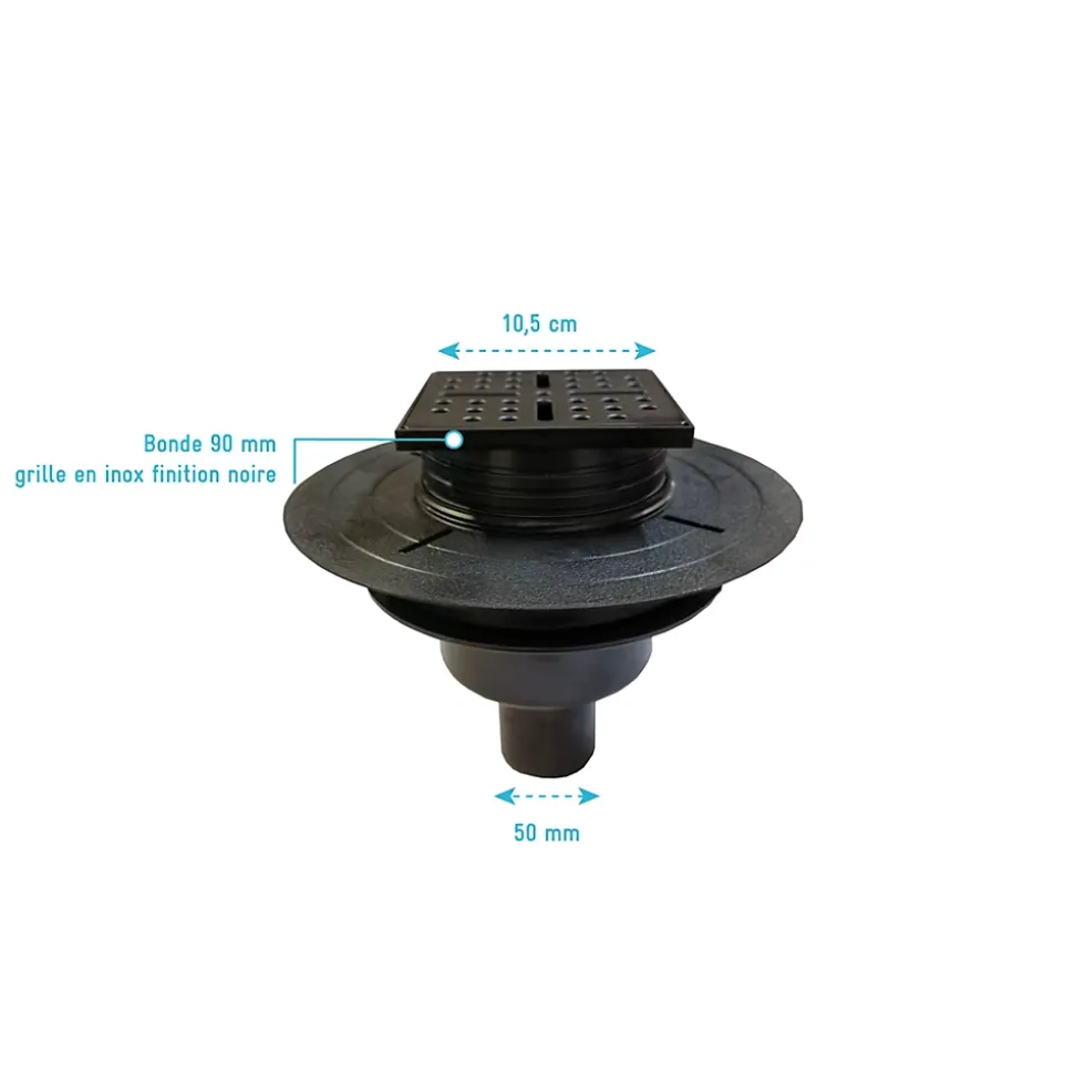 Bonde carrée pour receveur de douche, 105mm, sortie verticale Ø50mm, noir, Galedo Showerplate