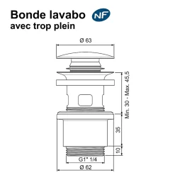 Bonde de lavabo ø 63 mm Rousseau avec clapet clic clac blanc avec trop plein