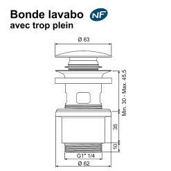 Bonde de lavabo ø 63 mm Rousseau avec clapet clic clac ou fixe effet canon de fusil