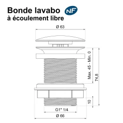 Bonde de lavabo à écoulement libre Ø 66 mm laiton Rousseau rose gold
