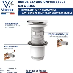 Bonde de lavabo ø65 mm Valentin avec clapet clic clac ou fixe