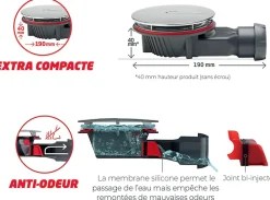 Bonde siphon diam. 90 mm extraplate Wirquin Slim+ à évacuation horizontale pour receveur de douche sortie en 40 mm