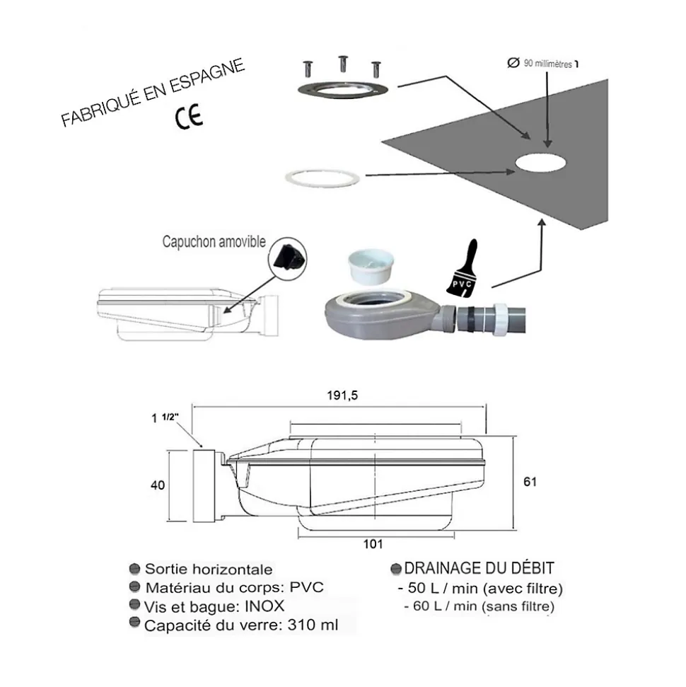Bonde siphon diam. 90 mm extraplate universelle à évacuation horizontale pour receveur de douche, sortie en 40 mm
