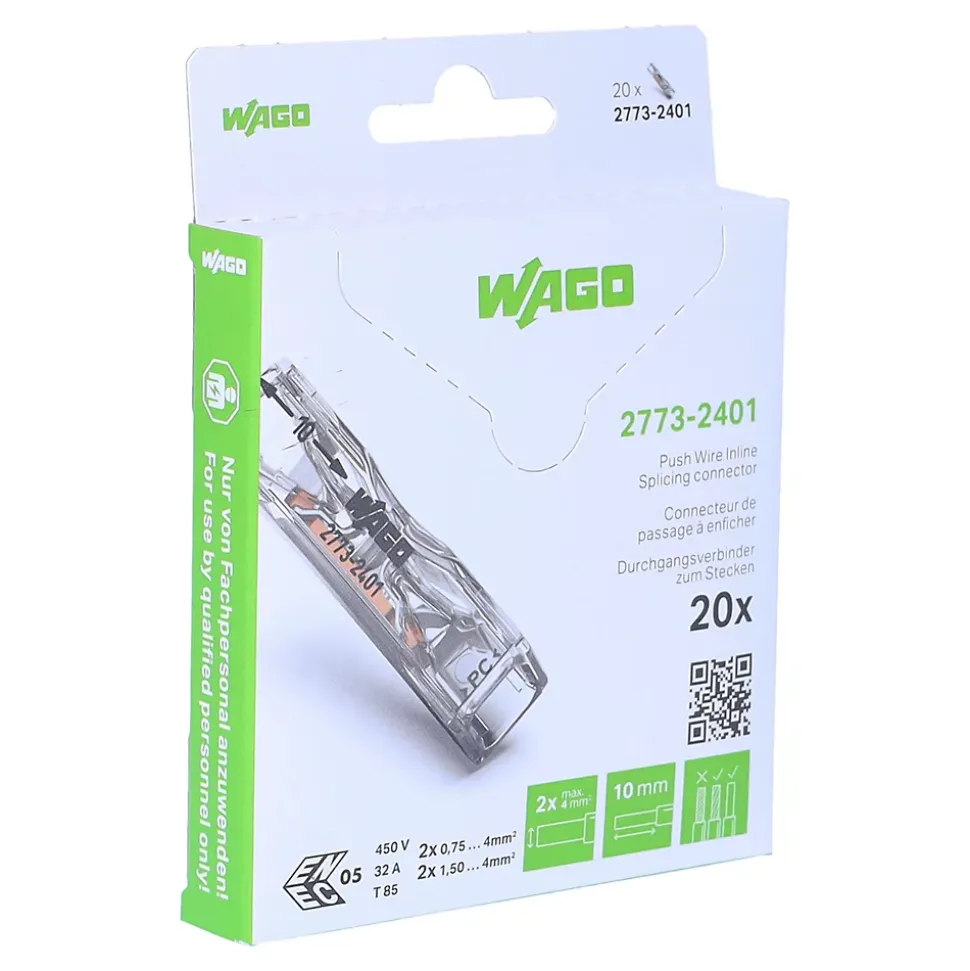 Borne WAGO 2773 Inline 2x4mm2 rigide & semi-rigide - Boite de 20 - WAGO - 2773-2401/995-020