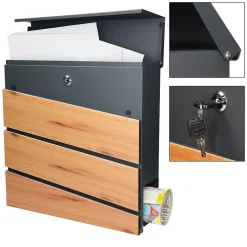 Boîte aux lettres anthracite / imitation bois avec support argenté en acier