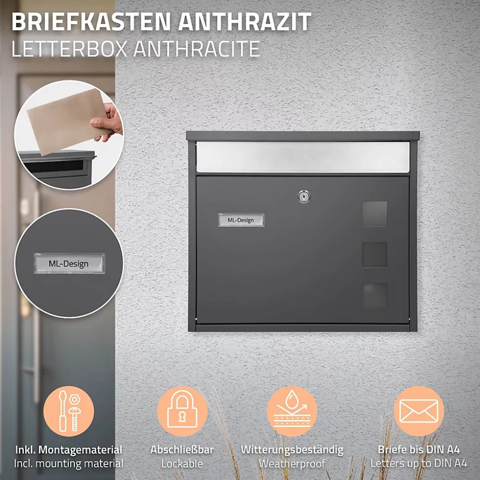 Boîte aux lettres anthracite-argent avec support métallisé 120cm+ kit de montage
