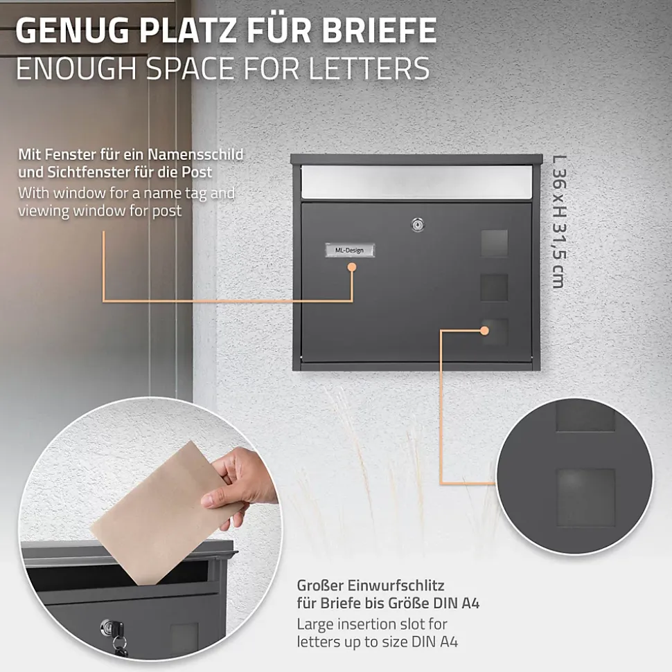 Boîte aux lettres anthracite-argent avec support métallisé 120cm+ kit de montage
