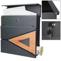 Boîte aux lettres anthracite / bois naturel avec support en acier et kit montage