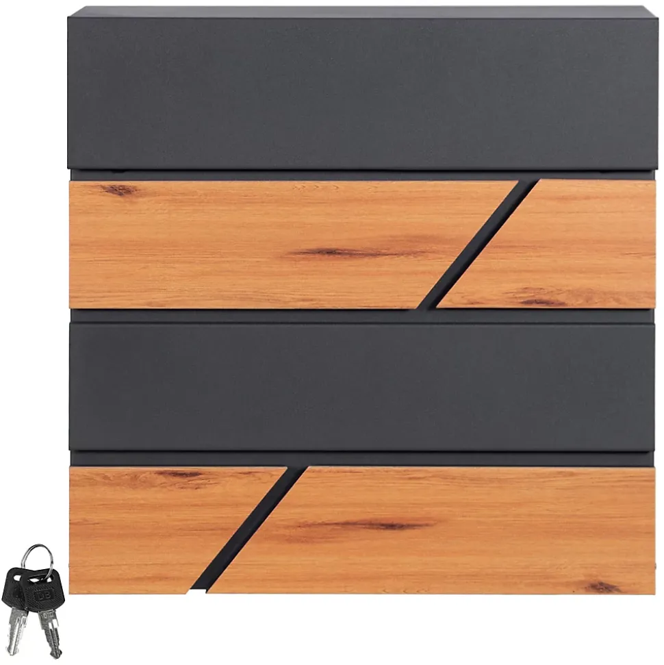 Boîte aux lettres moderne en acier anthracite imitation bois murale avec 2 clés