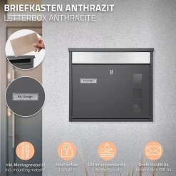 Boîte aux lettres murale avec porte-journaux acier inoxydable anthracite moderne