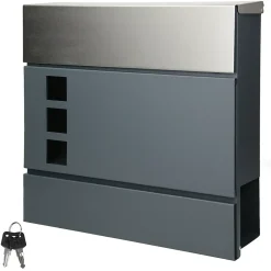 Boîte aux lettres murale compartiment à journaux 3 fenêtres anthracite / argent