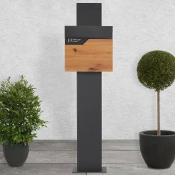 Boîte aux lettres sur pied boîte postale anthracite/aspect bois avec support