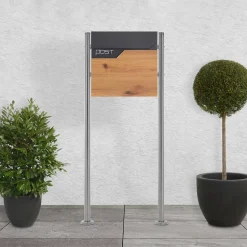Boîte aux lettres sur pieds boîte postale anthracite/aspect bois +support argent