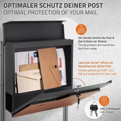 Boîte aux lettres sur pieds boîte postale anthracite/aspect bois +support argent