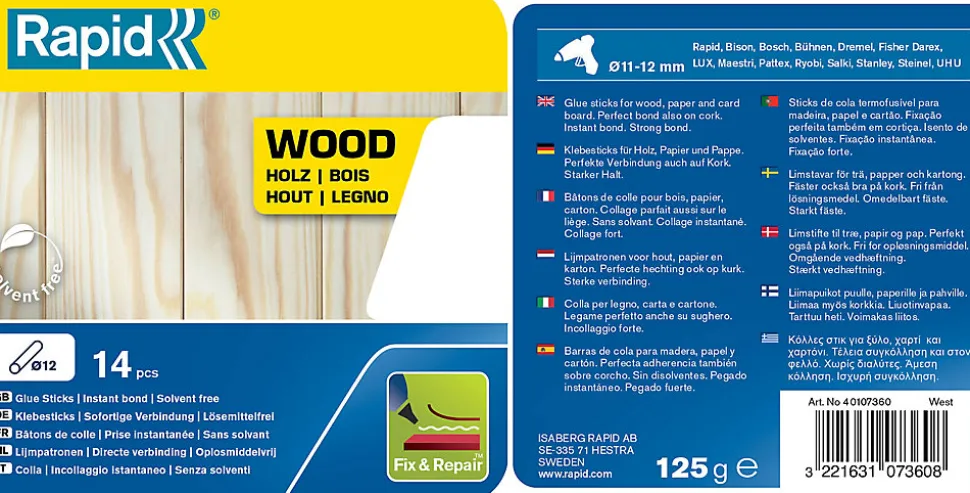 Bâtons de colle pour bois Rapid 125 G