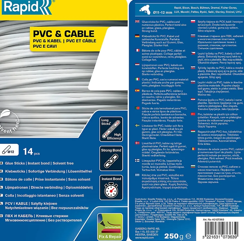 Bâtons de colle PVC & câbles 12 mm. Parfait pour les travaux de fixation et de réparation. Paquet de 14 bâtons longs.