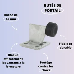 Butée de portail - Acier zingué blanc - 62mm - Fixations au sol