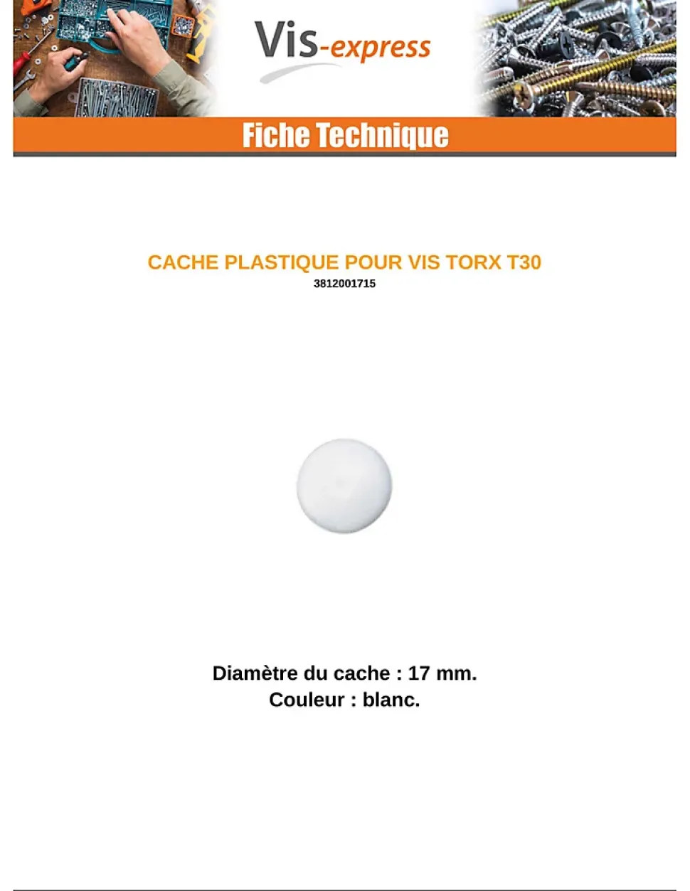 Cache vis TORX TORX T30 Diamètre de tête: 17 nylon blanc - 100 pièces