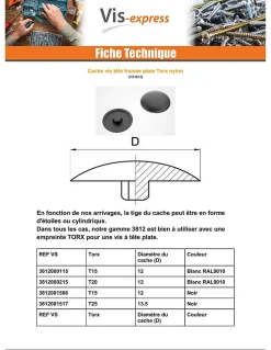 Cache vis Tête fraisée TORX TORX T15 Diamètre de tête: 12 nylon noir - 100 pièces