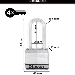 Cadenas à clé Master Lock Excell M1EURDLH acier laminé l.45 mm hauteur de l'anse 51 mm