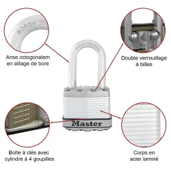 Cadenas à clé Master Lock Excell M40EURD disque en acier inoxydable Ø70 mm hauteur de l'anse 16 mm